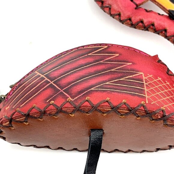 Flamingo Wristlet Leather Purse Figural Hand Crafted Tooled Overstitched 5 x 5" - Picture 3 of 11